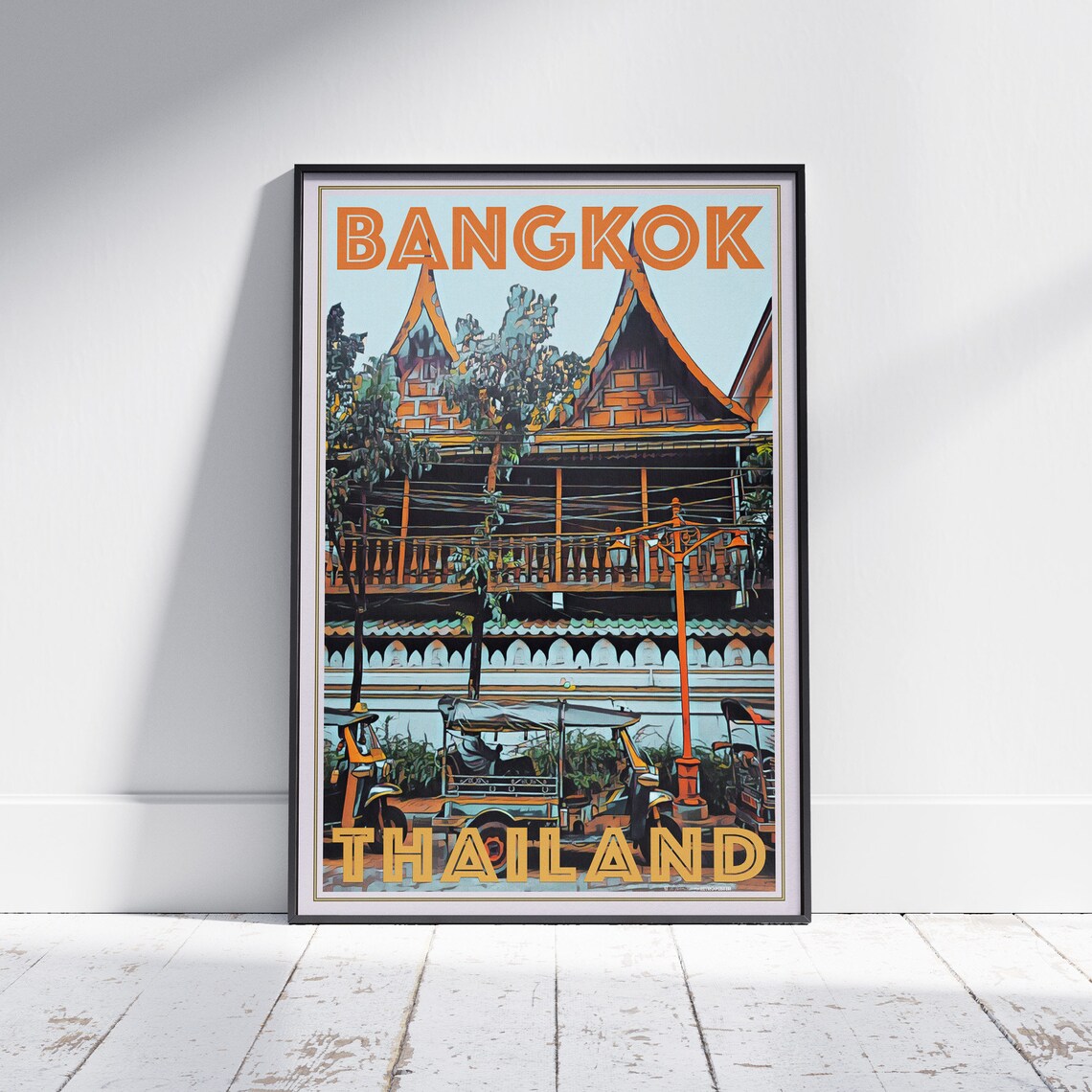 Bangkok Thailand Retro Travel Poster Temple Tuk Tuk Street Scene Art