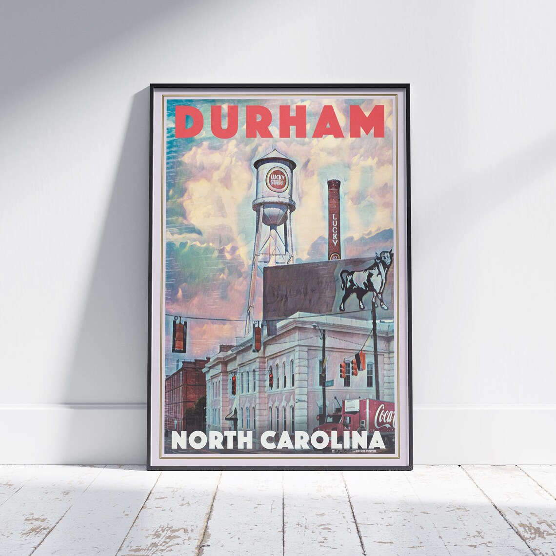 Durham North Carolina Lucky Strike Tower Bull Retro Travel Poster