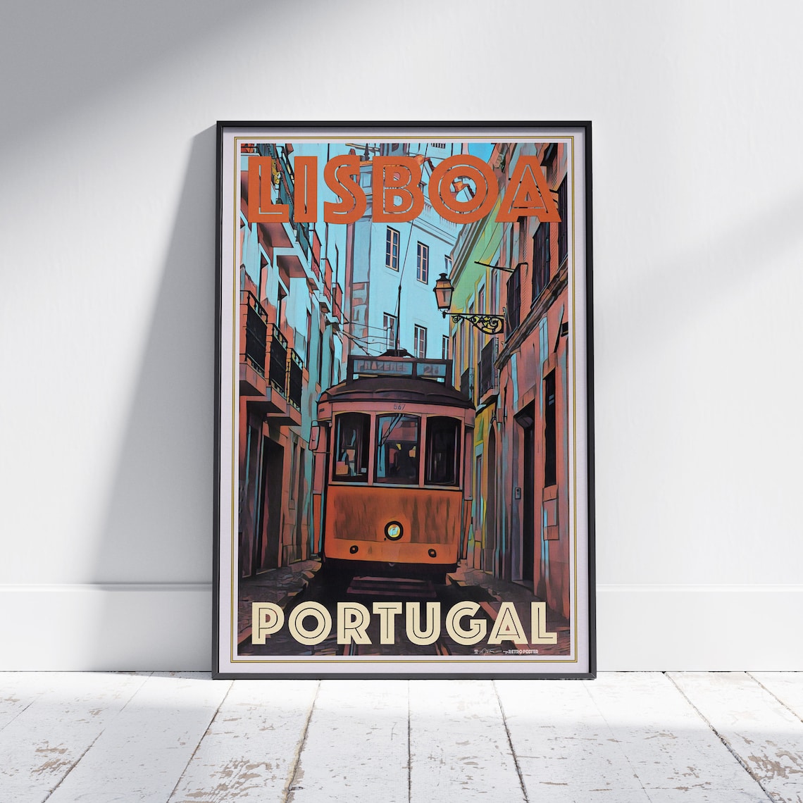 Lisboa Vintage Yellow Tram Travel Poster Portugal Street Scene
