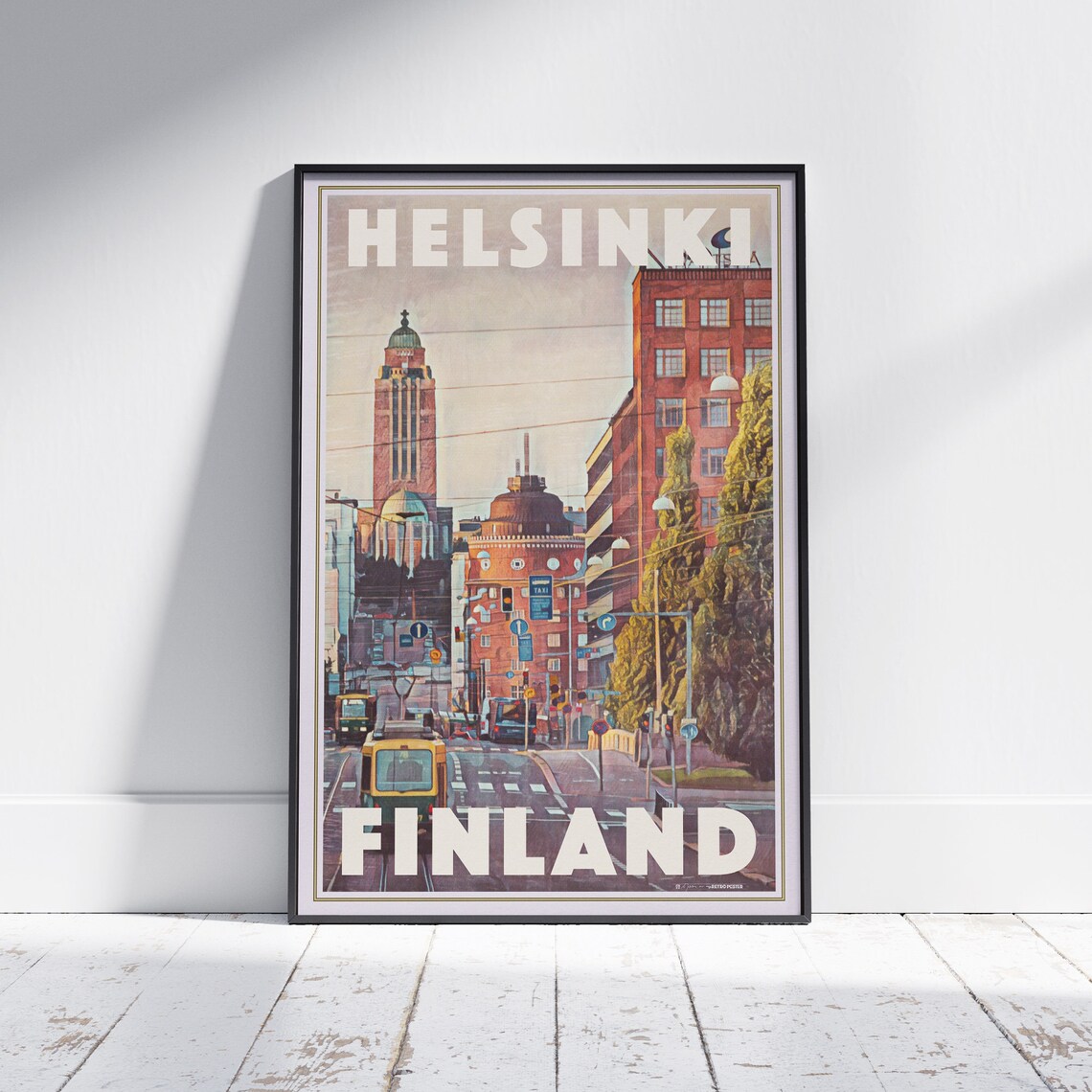 Helsinki Tram Street City View Vintage Finland Travel Poster