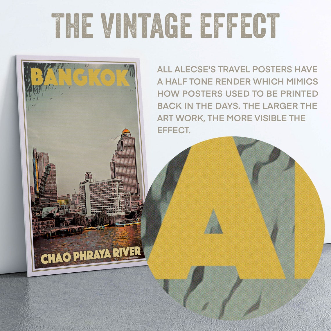 Bangkok Thailand Retro Travel Poster Chao Phraya River Skyline Art - Image 2