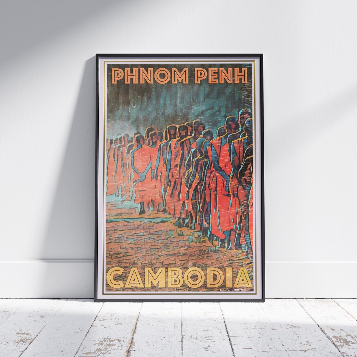 Phnom Penh Buddhist Monks Saffron Robes Cambodia Retro Travel Poster