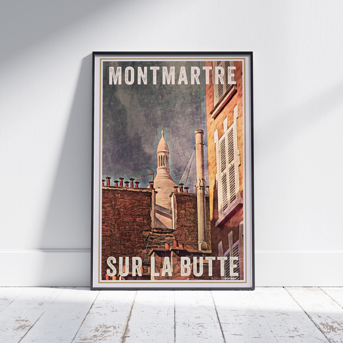 Paris Montmartre Retro Travel Poster Sur La Butte Rooftop View Art