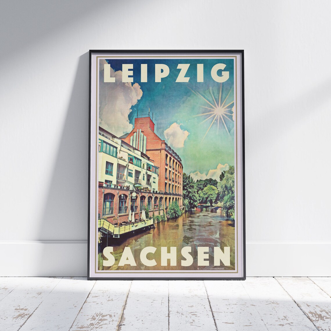 Leipzig Saxony Canal Brick Building Riverside Retro Travel Poster
