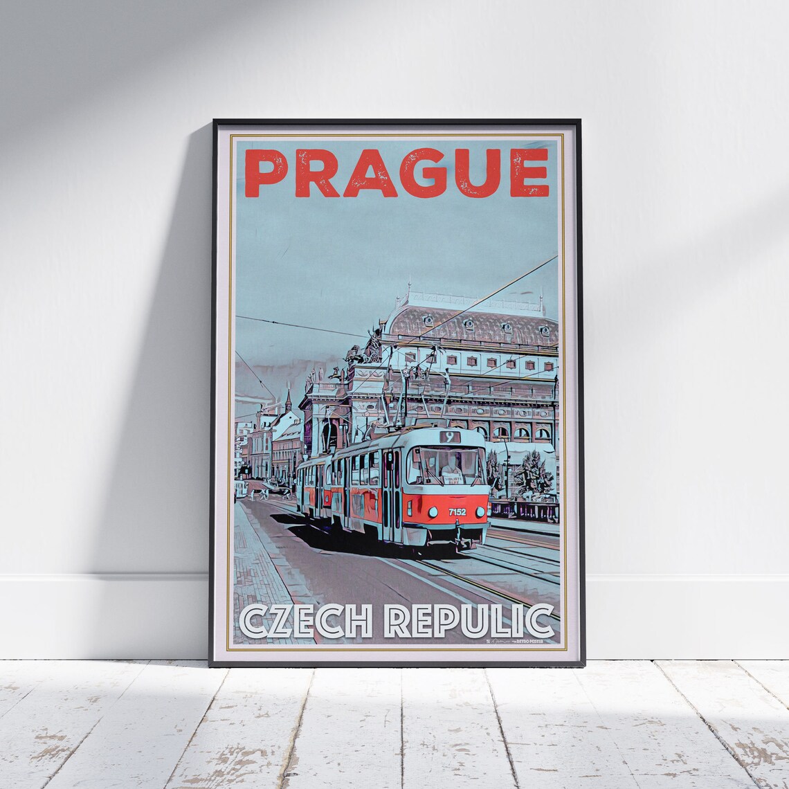 Prague Red Tram Historic Street Czech Republic Retro Travel Poster