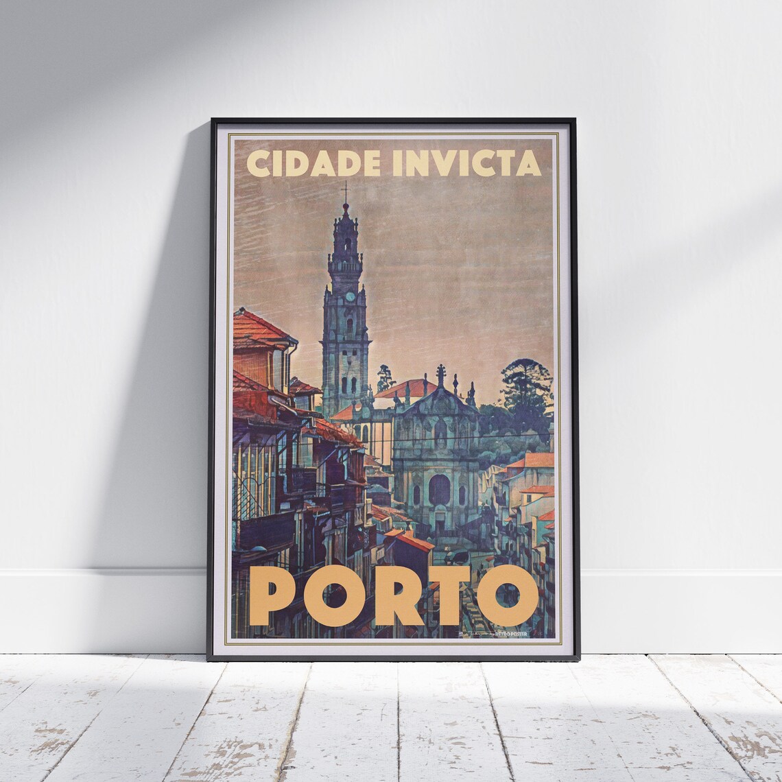 Porto Portugal Retro Travel Poster Cidade Invicta Church Tower View