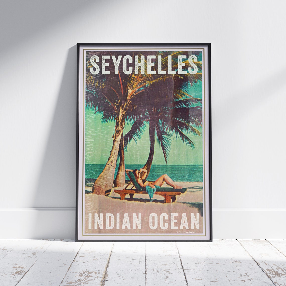 Seychelles Indian Ocean Palm Beach Sunbather Vintage Travel Poster