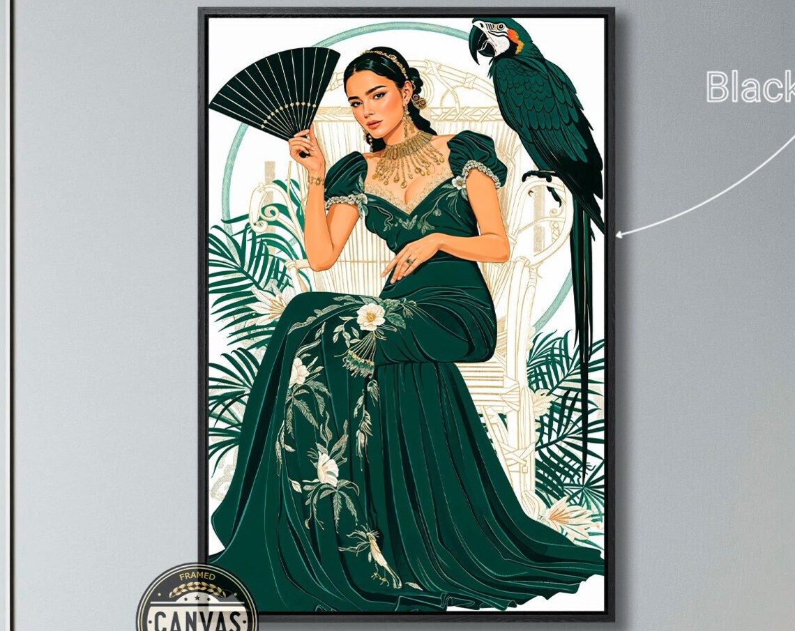 Elegant Woman With Parrot Emerald Gown Tropical Vintage Art Poster