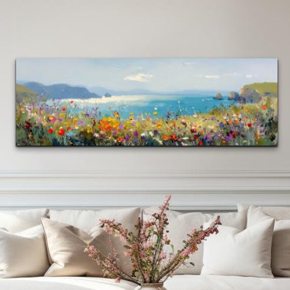 Wildflower Coast Turquoise Ocean Hills Panoramic Landscape Poster