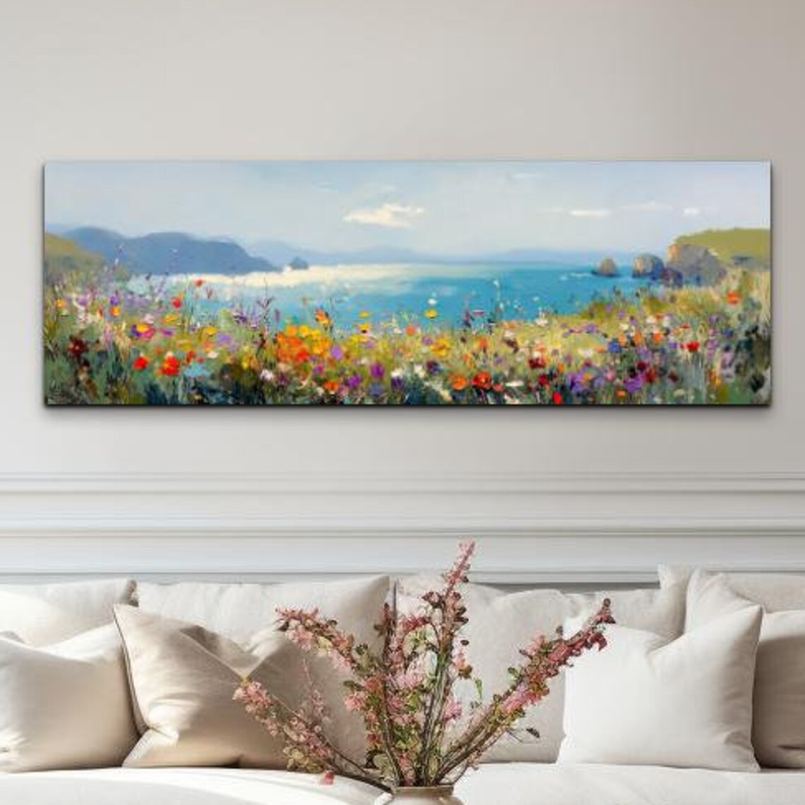 Wildflower Coast Turquoise Ocean Hills Panoramic Landscape Poster