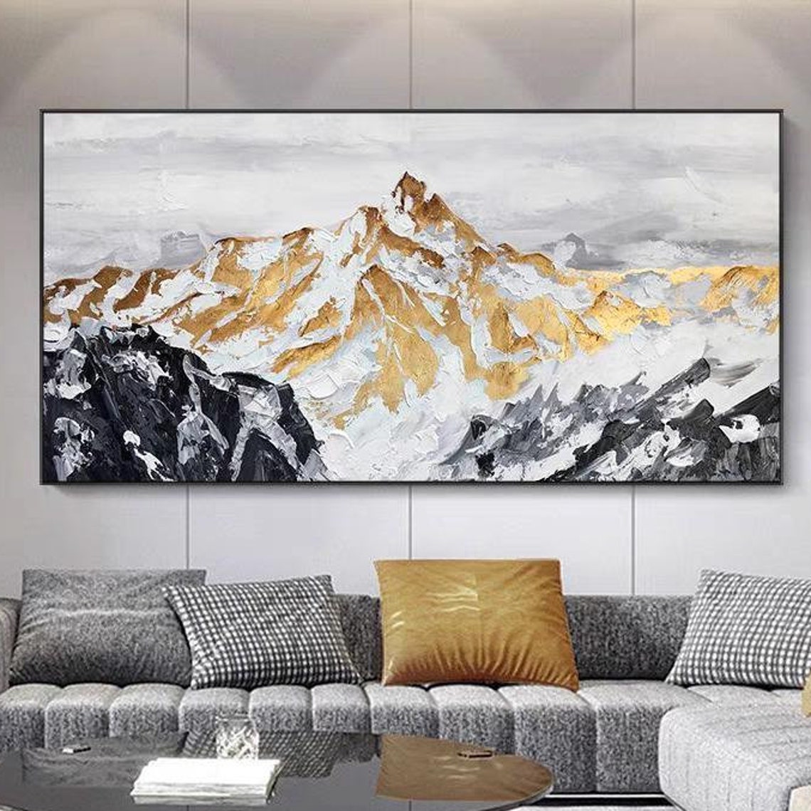 Golden Black White Mountain Range Horizontal Landscape Poster