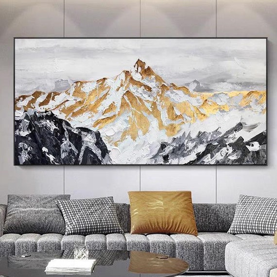 Gold Mountain Top Oil Painting Custom Black White Mountain Handmade Canva Art Extra Large Horizontal Drawing Room Wall Decor Artwork