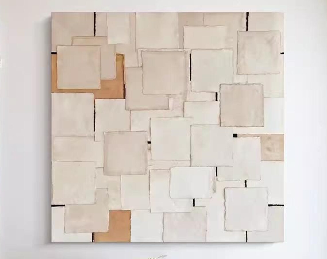 Abstract Modern Beige White Orange Hand Painted Art Square Shapes Artwork Wall Decor Large Heavy Textured Acrylic Art Checker Oil Painting