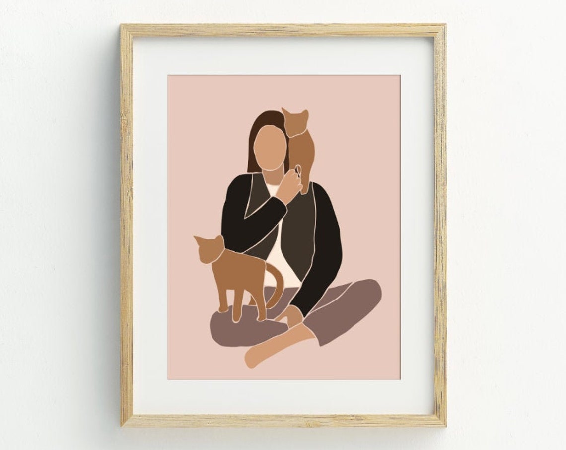 Boho Woman With Two Cats Minimalist Cat Lover Illustration Wall Art