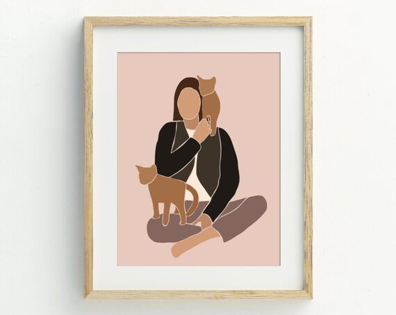 Boho Woman With Two Cats Minimalist Cat Lover Illustration Wall Art