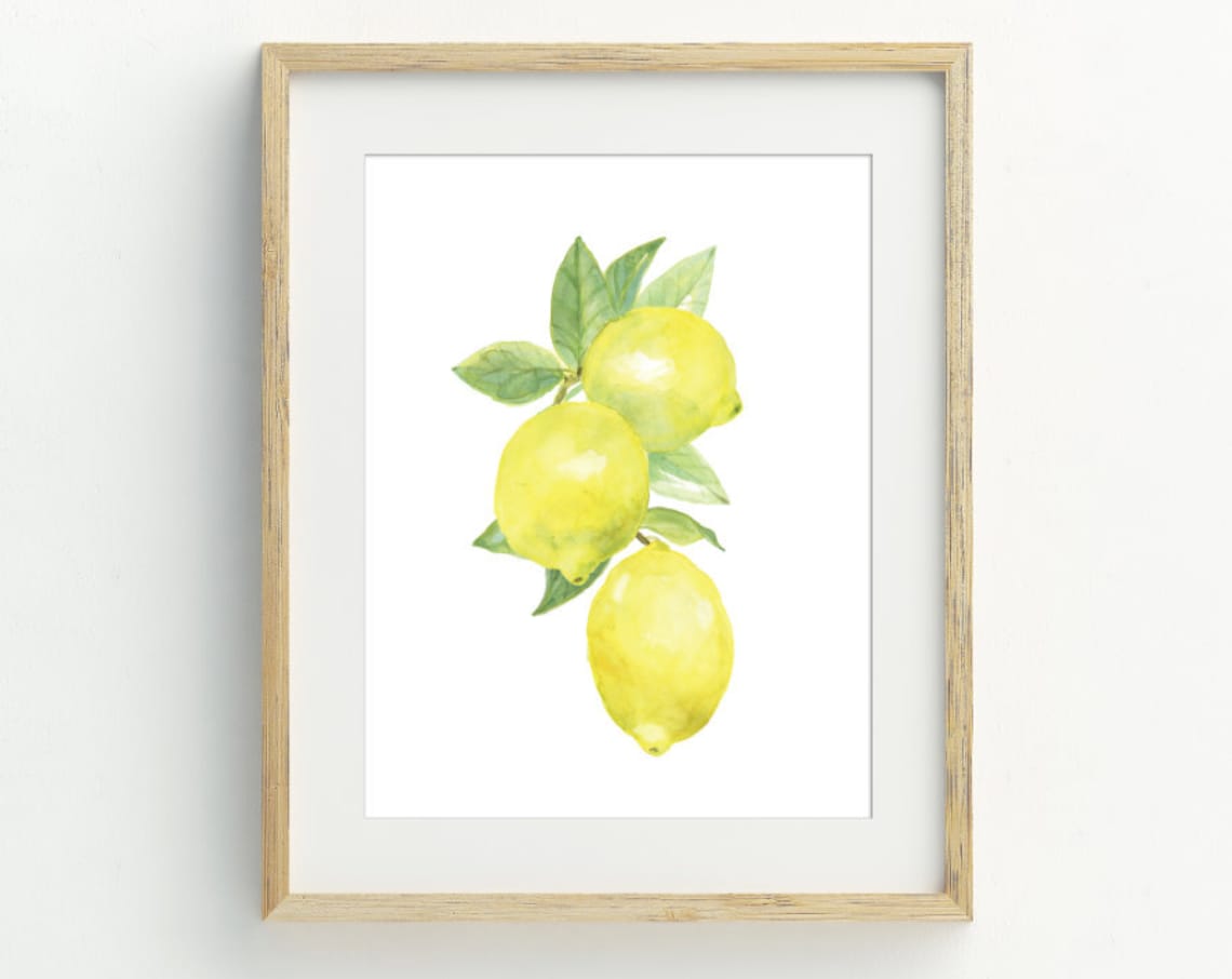 Lemon Branch Watercolor Botanical Citrus Kitchen Decor Wall Art Print