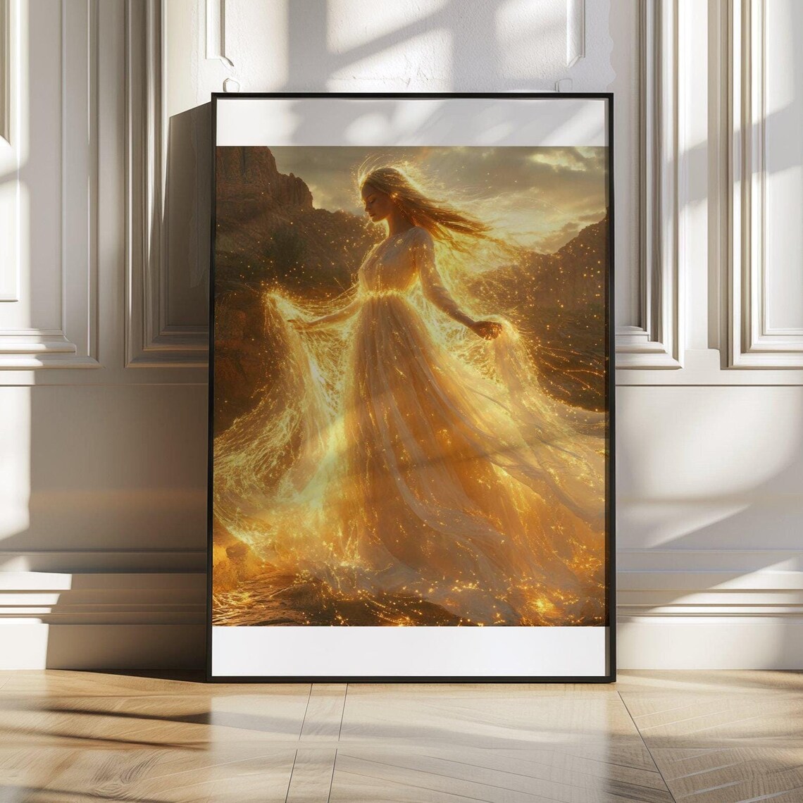 Ethereal Woman In A Flowing Golden Light Dress At Sunset Poster