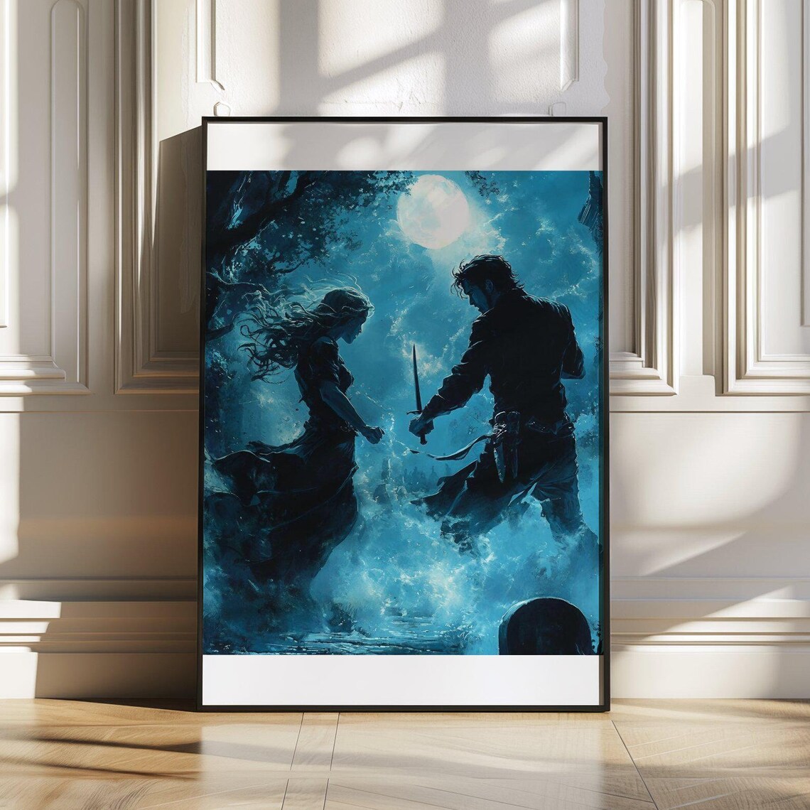 Mystical Moonlit Forest Sword Duel Fantasy Adventure Art Poster