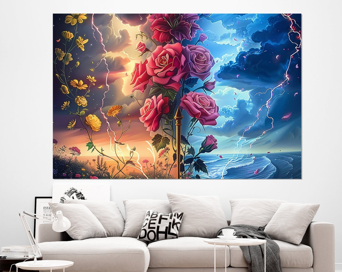 Duality Roses Lightning Sunset Storm Surreal Warm And Cold Wall Art