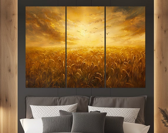 Gold Wheat Field Painting Print Farmhouse Wall Art Wheat Field Print Field Landscape Bakery Wall Decor Framed And Ready To Hang