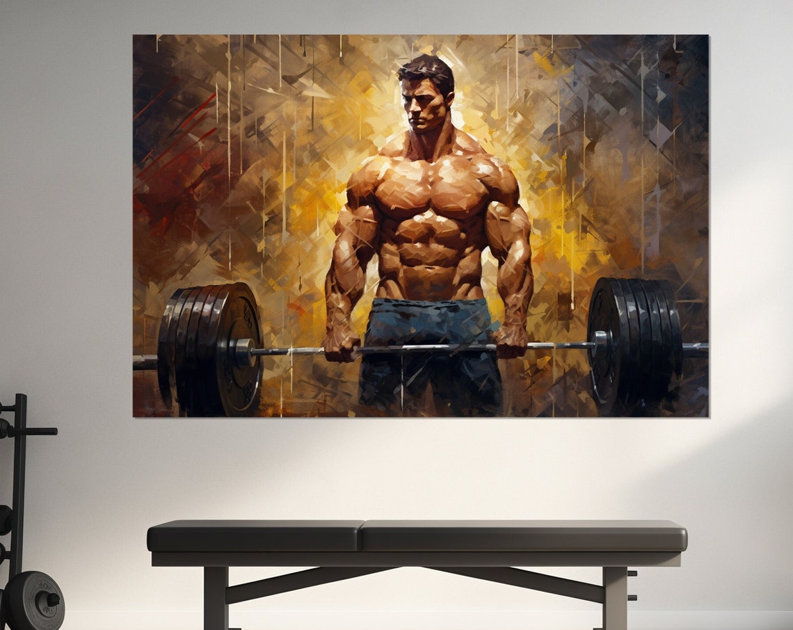 Muscular Weightlifter With Heavy Barbell Golden Abstract Gym Wall Art
