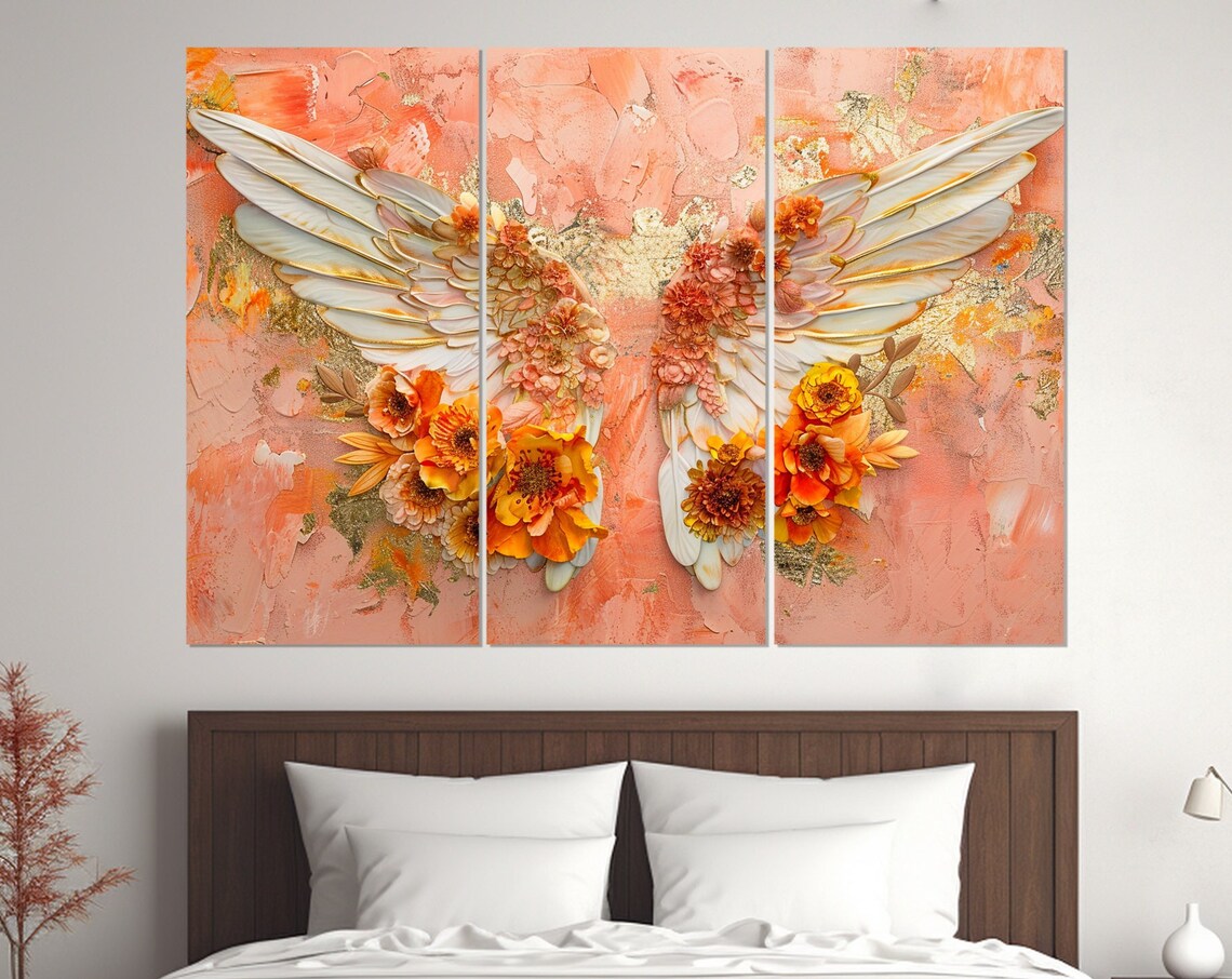 3D Angel Wings Orange Flowers Coral Texture Dreamy Feminine Wall Poster - Image 4