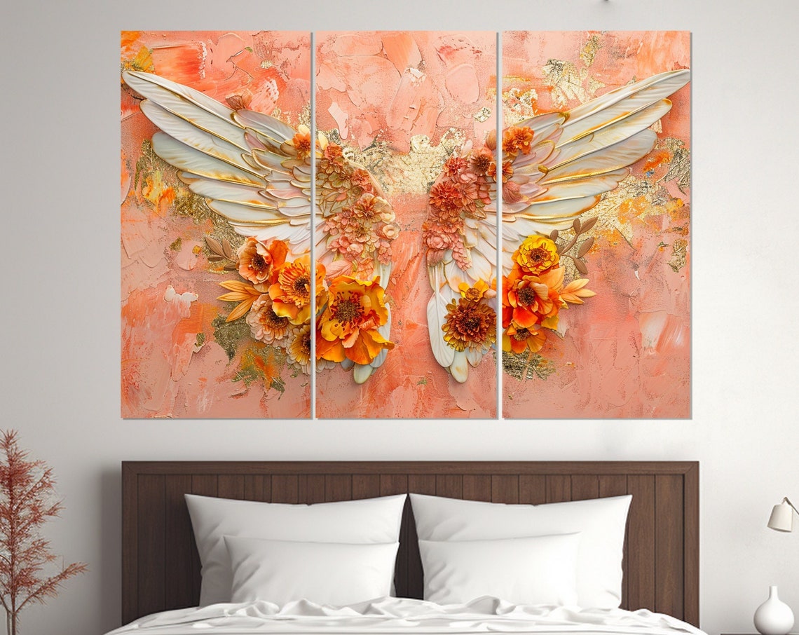 Angel Wings Painting Print Roman Catholic Wall Art Angel Wings In Flowers Painting Religious Wall Art Framed And Ready To Hang - Image 4