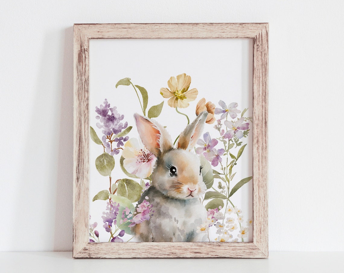 Watercolor Bunny Rabbit Spring Wildflowers Easter Nursery Poster - Image 3