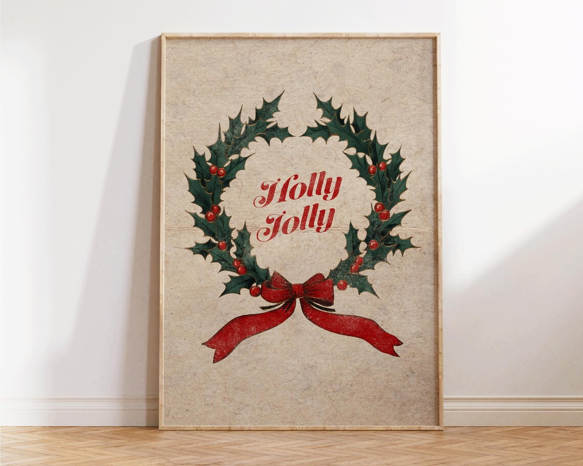 Holly Jolly Vintage Christmas Wreath Red Bow Retro Holiday Wall Art - Image 4
