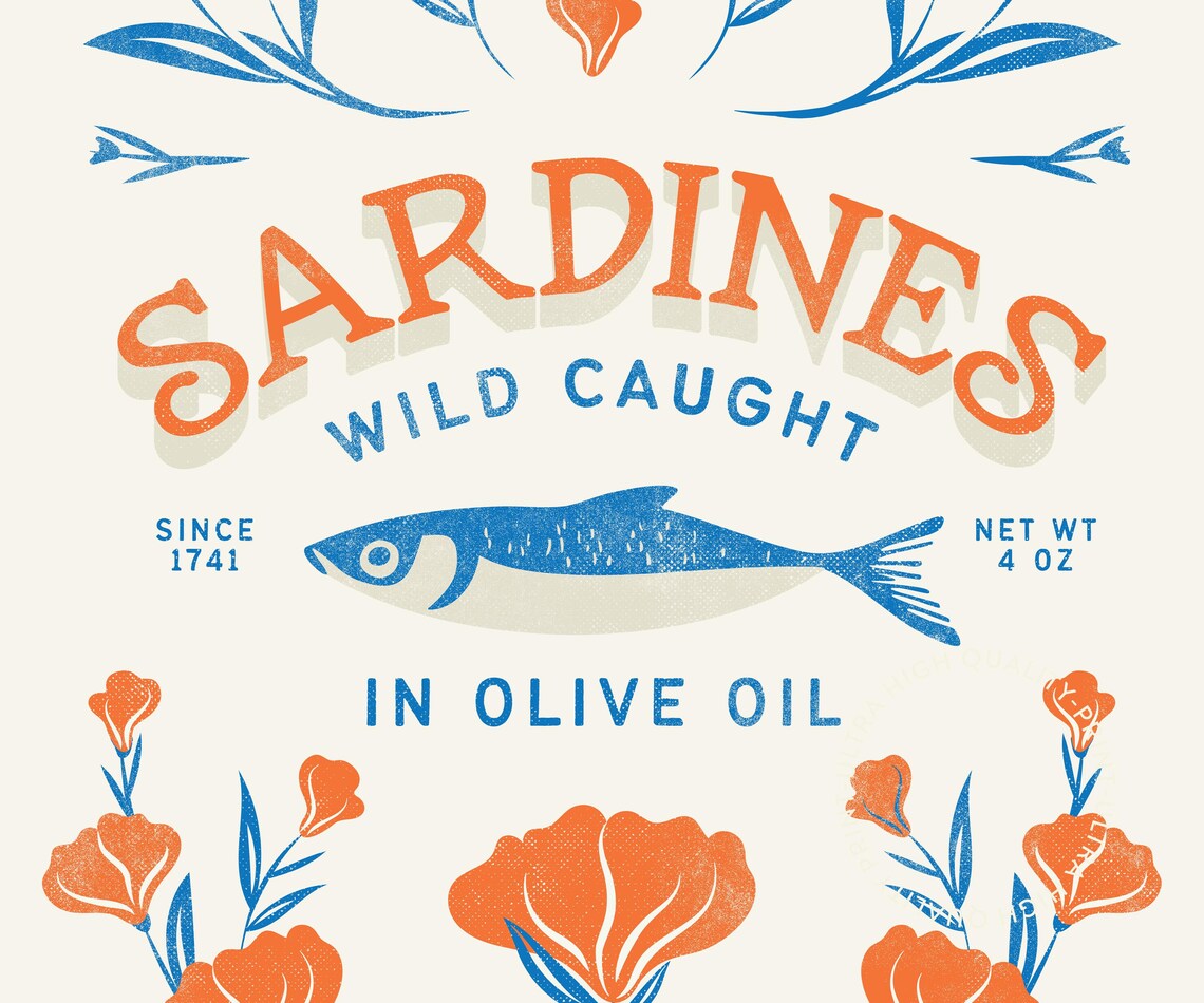 Sardines Wild Caught Olive Oil Retro Sardine Tin Orange Floral Poster - Image 5