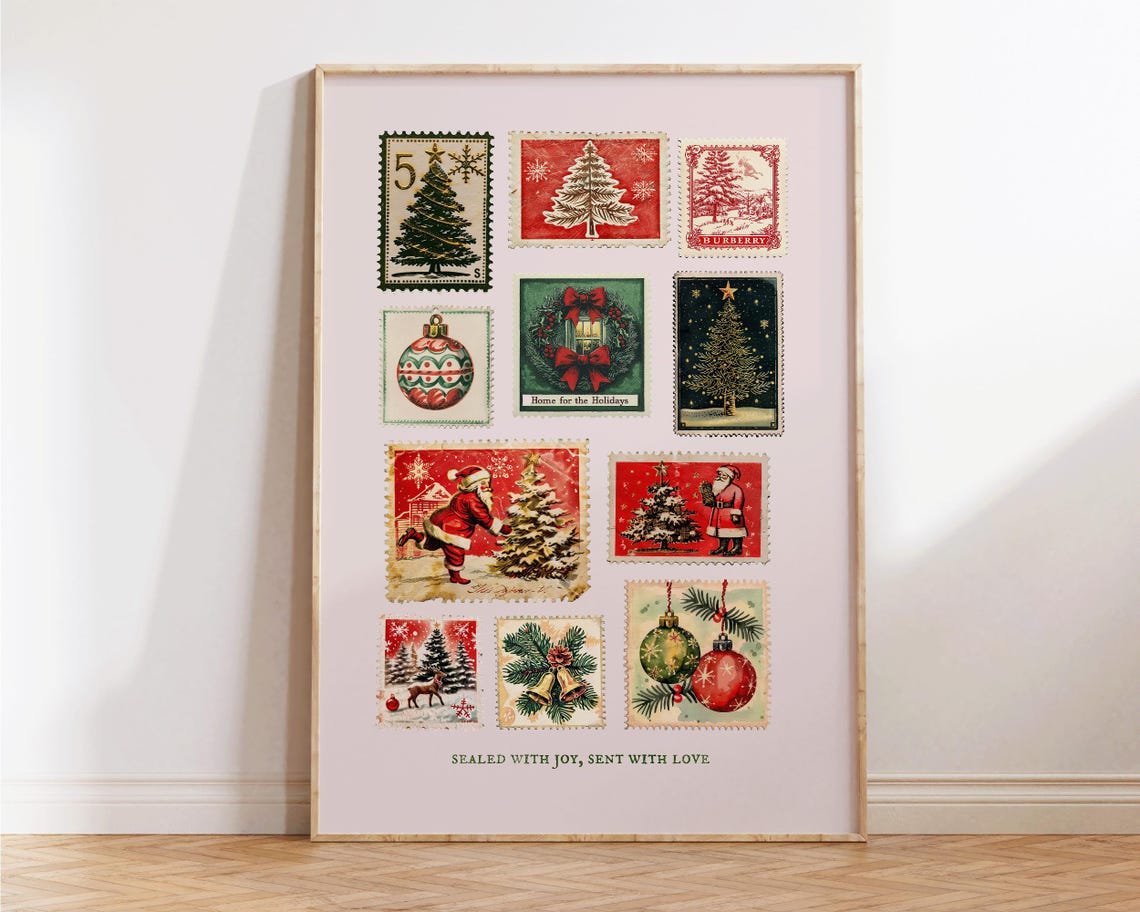 Vintage Christmas Postage Stamp Collage Santa Tree Holiday Poster - Image 4