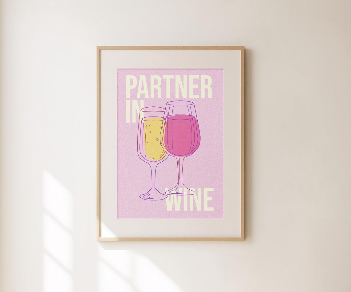Partner In Wine Pink Bar Cart Art Wine Glasses Girly Wall Poster - Image 2