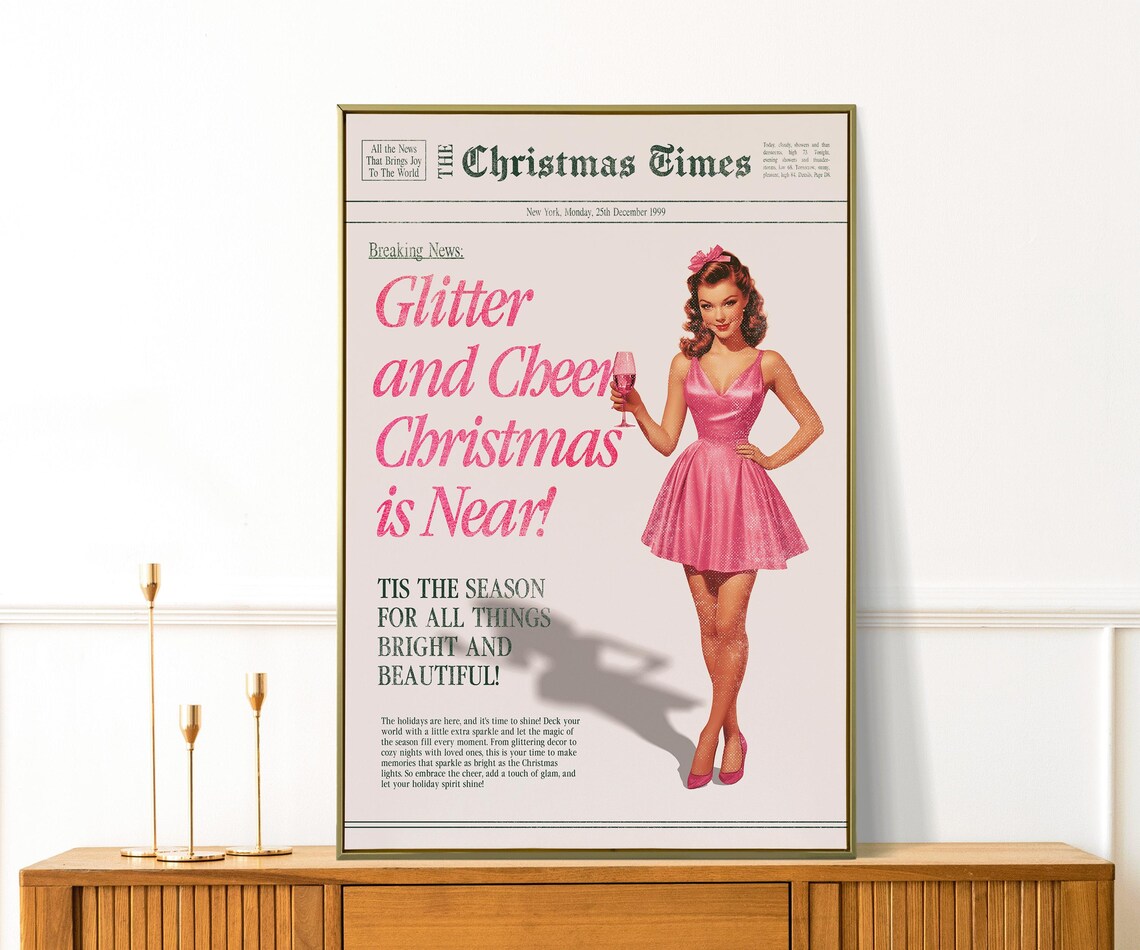 Glitter And Cheer Christmas Is Near Pink Pinup Vintage Wall Poster - Image 3