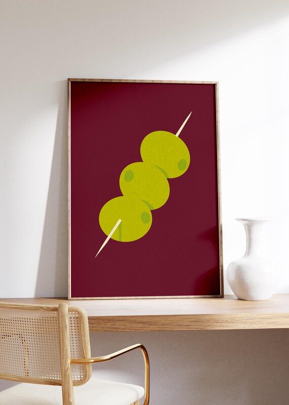 Green Olives Cocktail Skewer Minimalist Burgundy Retro Kitchen Decor Poster