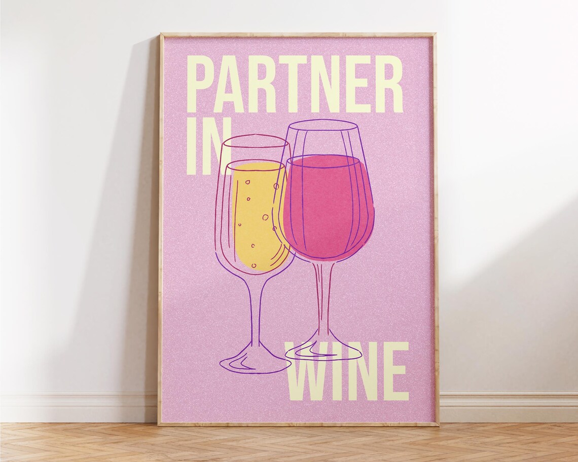 Partner In Wine Pink Bar Cart Art Wine Glasses Girly Wall Poster - Image 4