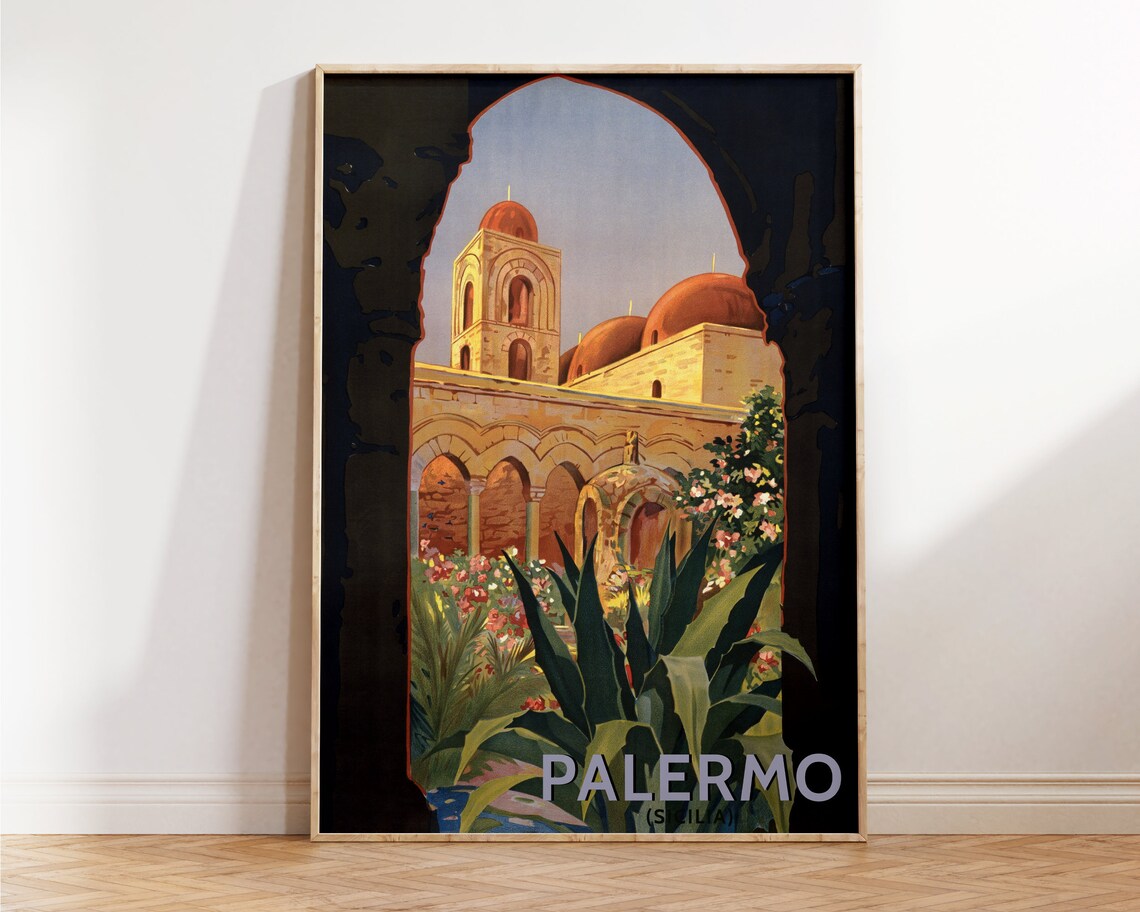 Palermo Sicily Italy Vintage Travel Poster Red Domes Garden Wall Art