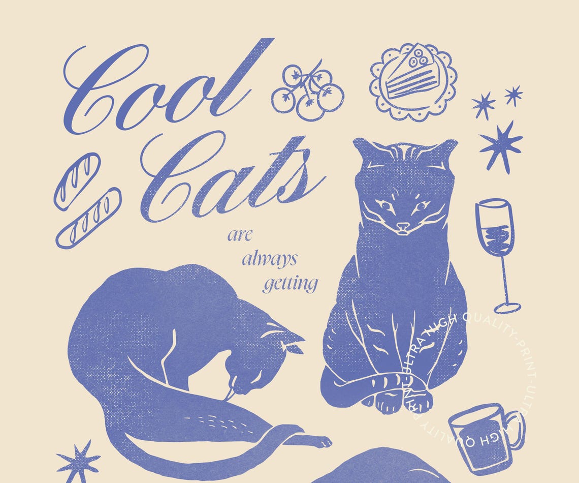Cool Cats Brunch Funny Blue Retro Cat Illustration Kitchen Poster - Image 5