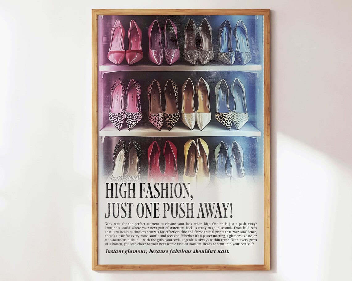 High Fashion Just One Push Away Pink Black Heels Vintage Shelf Poster - Image 2