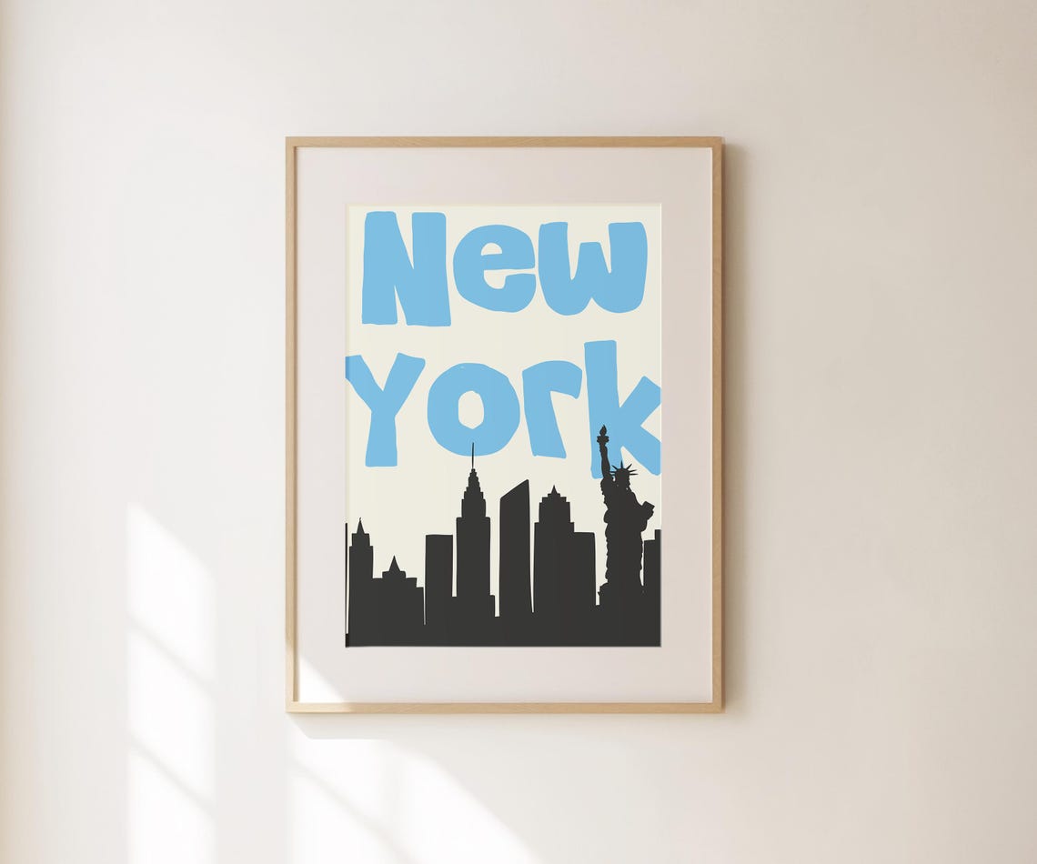 New York City Light Blue Retro Skyline Statue Of Liberty Travel Print - Image 4