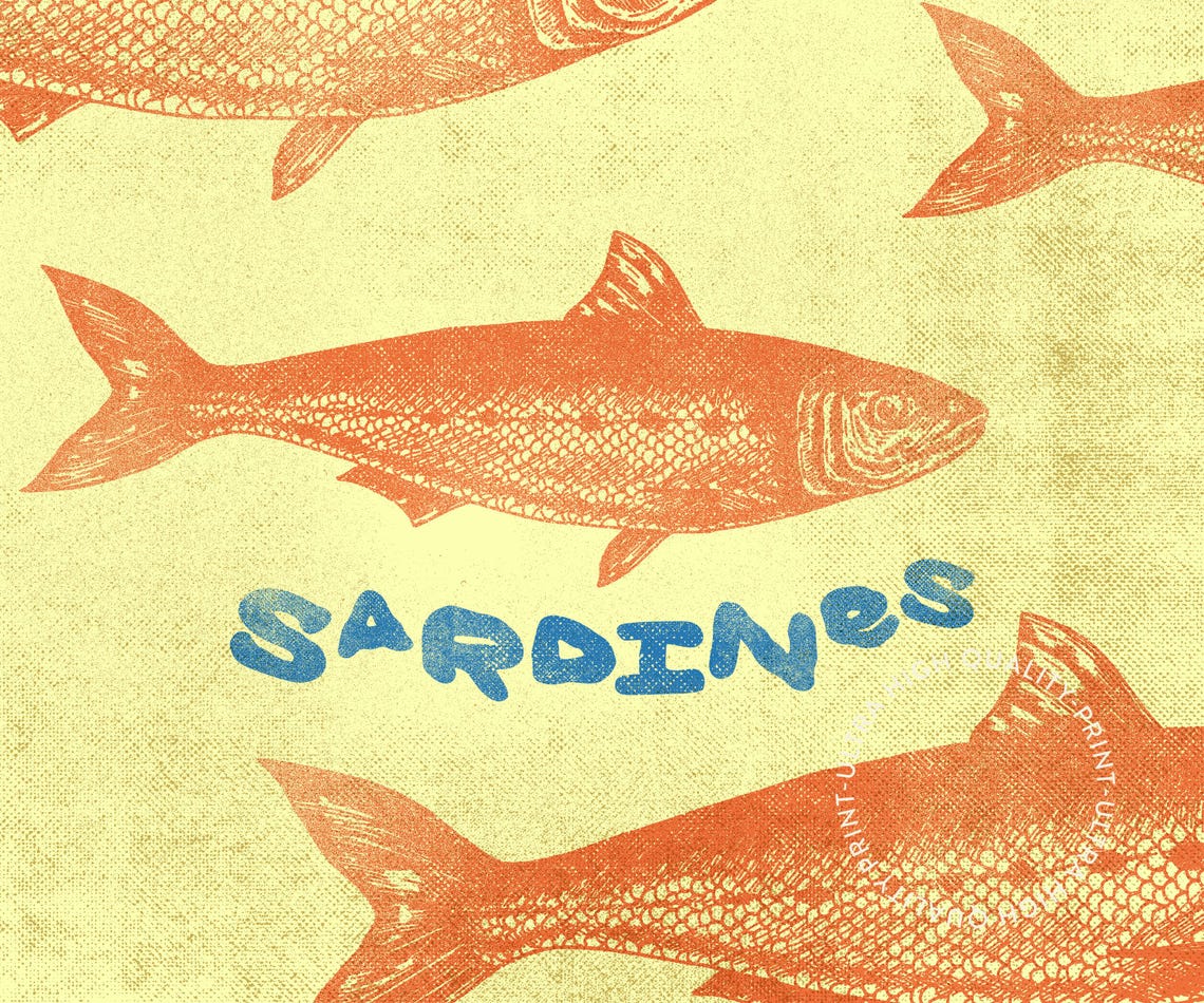 Sardines Orange Fish Illustration Yellow Retro Kitchen Decor Poster - Image 5