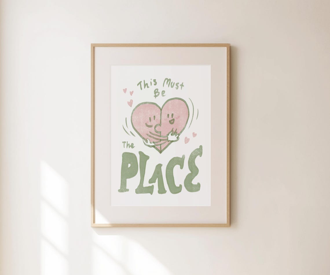 This Must Be The Place Hugging Heart Sage Green Cute Love Poster - Image 4