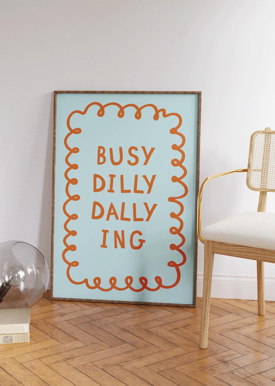 Busy Dilly Dallying Funny Retro Orange Lettering Blue Squiggle Poster - Image 2