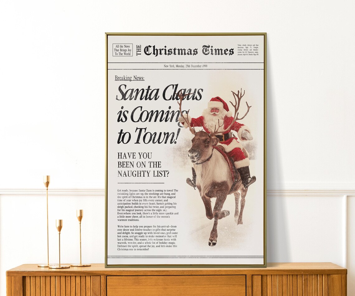 Santa Claus Is Coming To Town Vintage Newspaper Christmas Wall Art