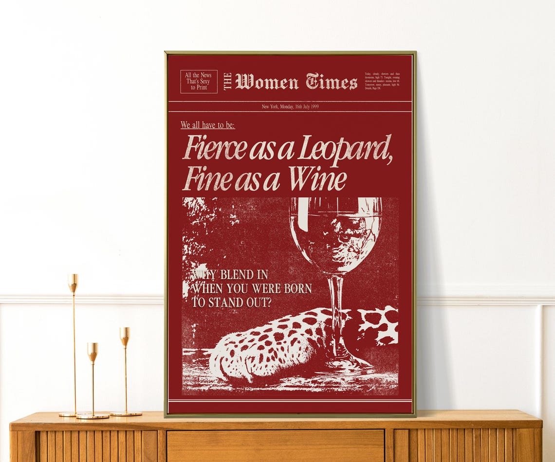 Fierce As A Leopard Fine As A Wine Red Newspaper Quote Wall Print - Image 2