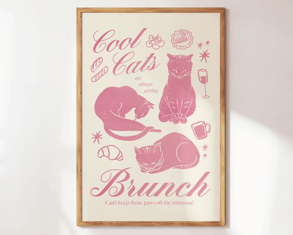 Cool Cats Brunch Funny Pink Retro Cat Illustration Kitchen Poster - Image 2