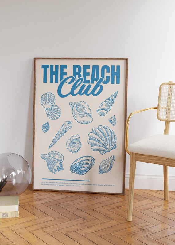 The Beach Club Retro Blue Seashell Illustrations Coastal Art Poster