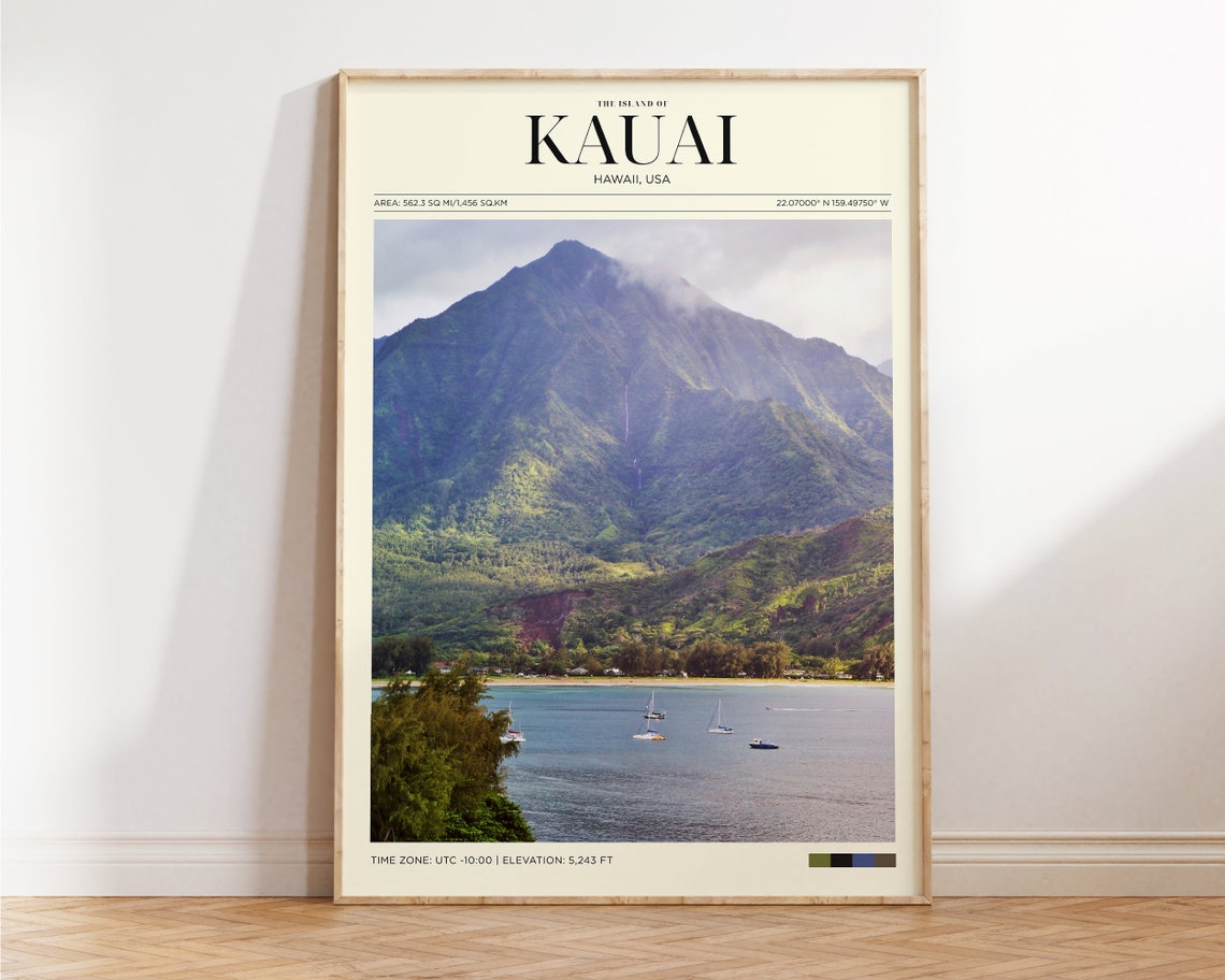 Kauai Hawaii Island Green Mountain Waterfall Bay Vintage Travel Poster