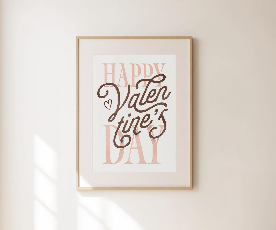 Happy Valentines Day Blush Pink Script Brown Romantic Wall Art Poster - Image 3