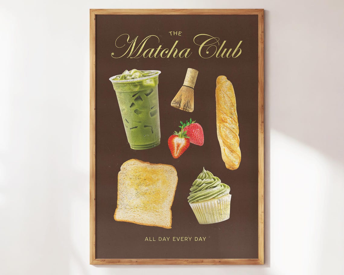 The Matcha Club Iced Latte Collage Brown Retro Cafe Foodie Poster - Image 3