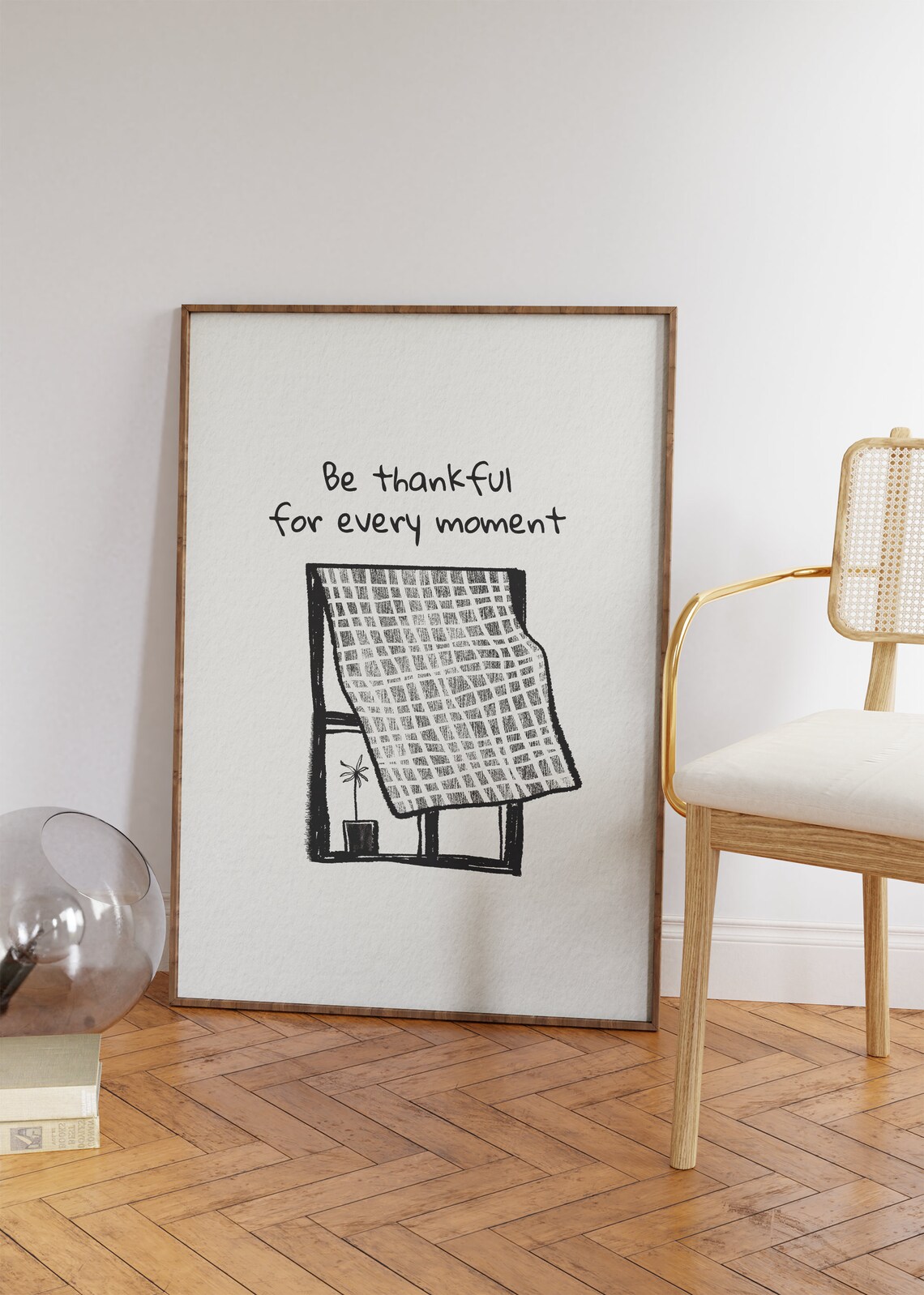 Be Thankful For Every Moment Quote Black White Line Art Print Poster - Image 2